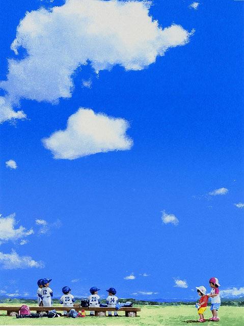櫻井幸雄 出番のないベンチ 「雲の下の六人」 額付き複製画 - 絵画 